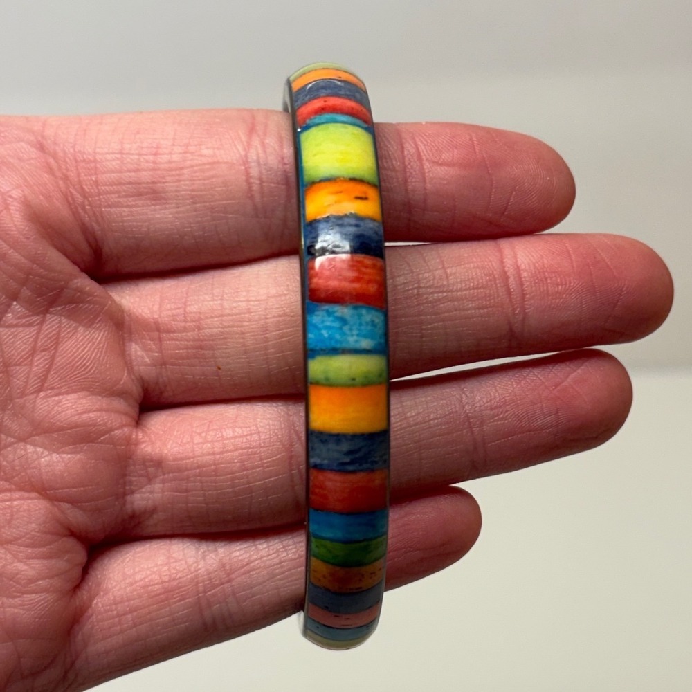 Multi Color Striped Bangle Bracelet Bronze Tone Rainbow Boho Stackable 8 Inch